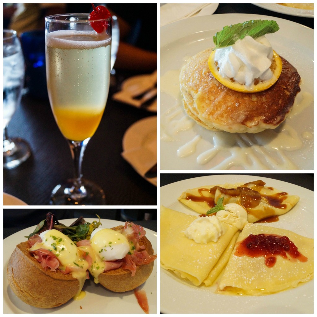 Mimosa, pancakes, and Sweet Crepe Trio at Clemenza's at Uptown Station.