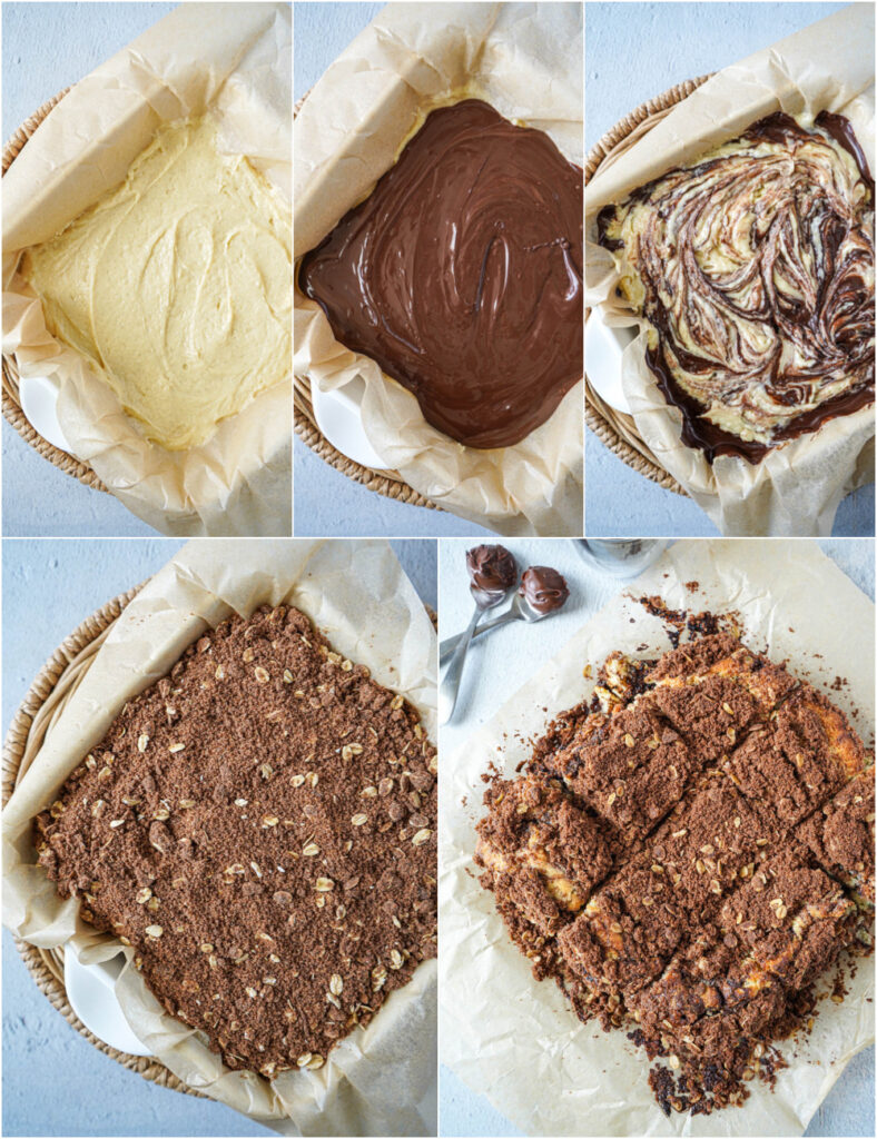 Five photo collage of batter, then chocolate hazelnut spread, then swirled batter, then crumbly topping in pan and baked Chocolate Hazelnut Coffee Cake cut into squares.