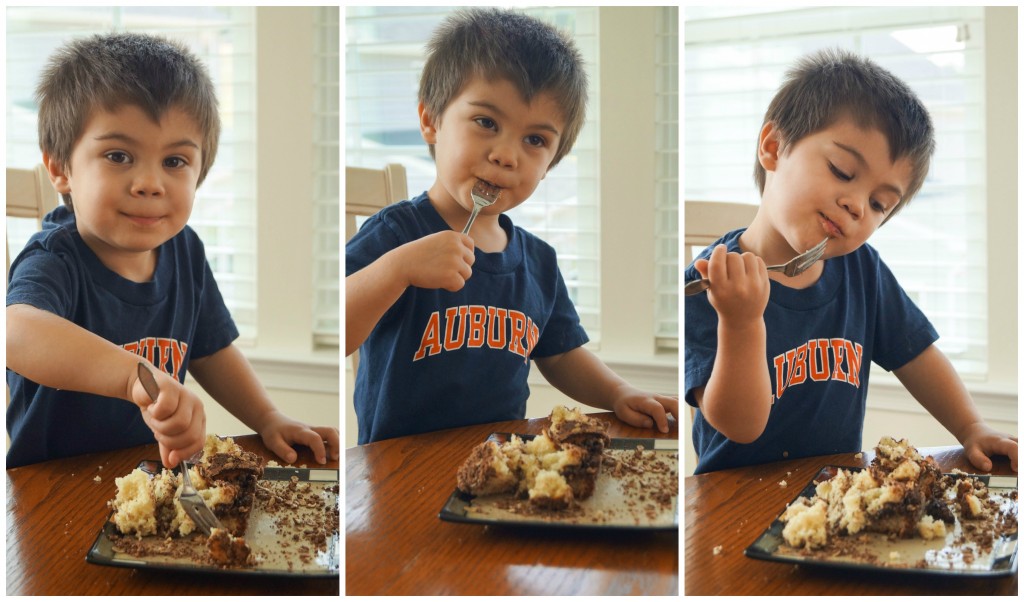 Three photo collage of boy eating Chocolate Hazelnut Coffee Cake.