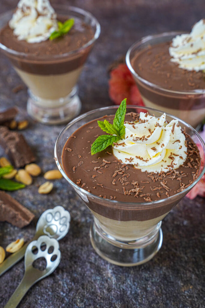 Close up of Chocolate and Peanut Butter Pudding with whipped cream, shaved chocolate, and a mint sprig.