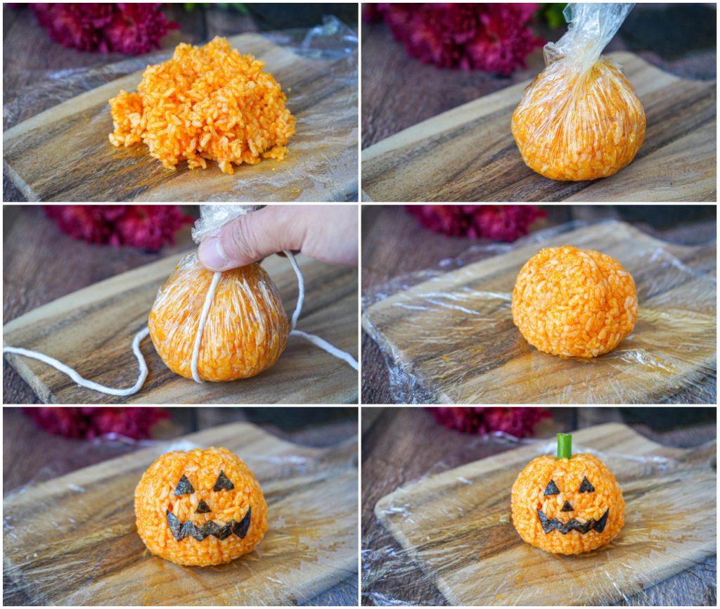 Forming the Jack-O-Lantern Carrot Rice into a ball and decorating to shape like a pumpkin.