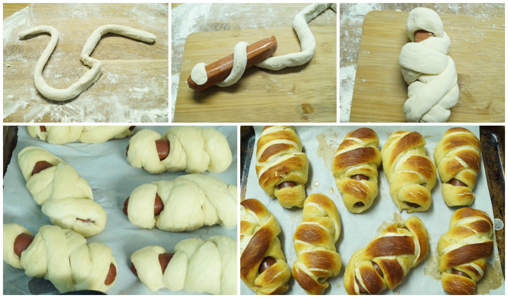 Forming the Mummy Pretzel Dogs- rolling dough into a rope, wrapping around a hot dog, then baking until golden.