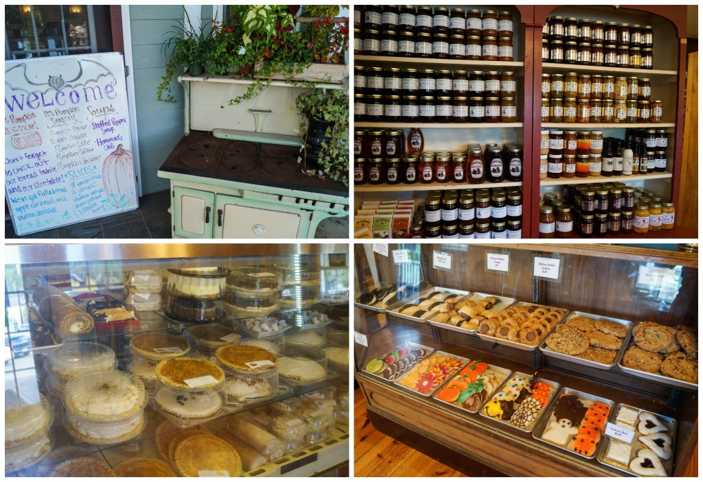 Four photo collage of jams, honey, pies, and pastries on display at Mom's Apple Pie.