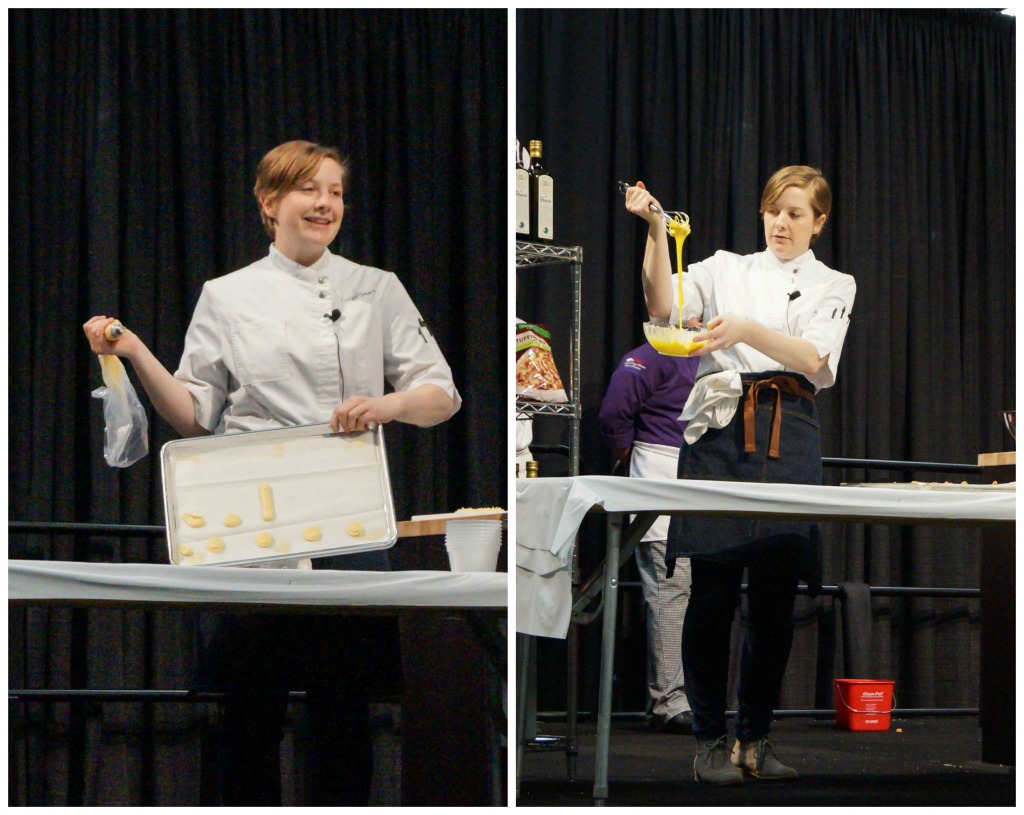 Caitlin Dysart performing a cooking demonstration and beating egg yolks.