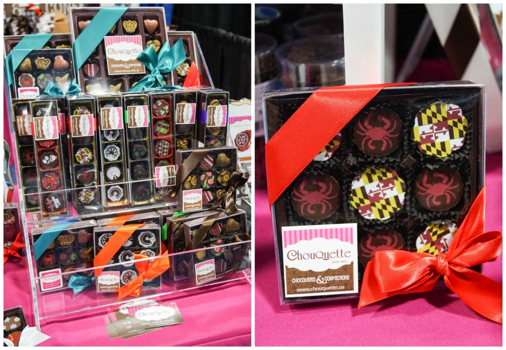Chocolates arranged in clear boxes and wrapped with red/blue bows at ChouQuette.