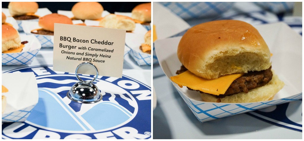 BBQ Bacon Cheddar Burger in a blue/white paper tray from Elevation Burger.