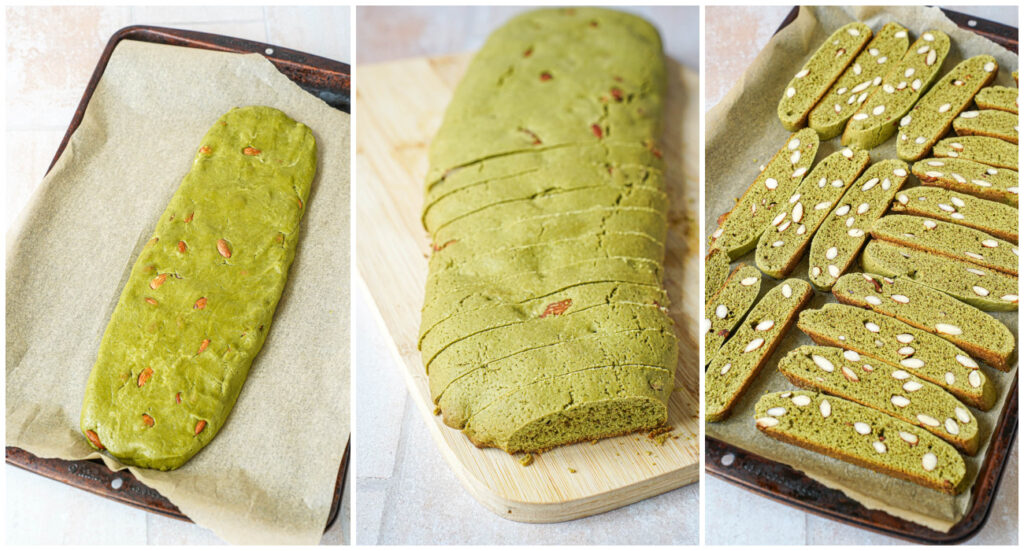 Three photo collage of a log of dough, the log cut into slices, and the Matcha Almond Biscotti on a baking sheet.