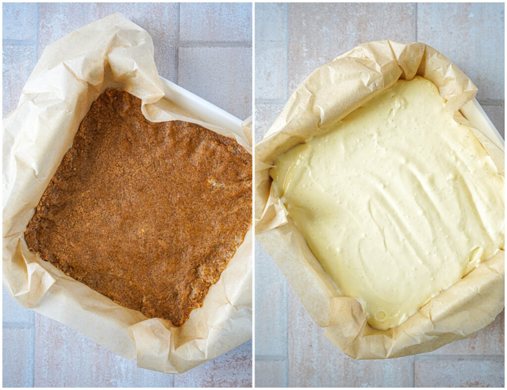 Two photo collage of graham cracker crust in a baking dish and cheesecake topping.