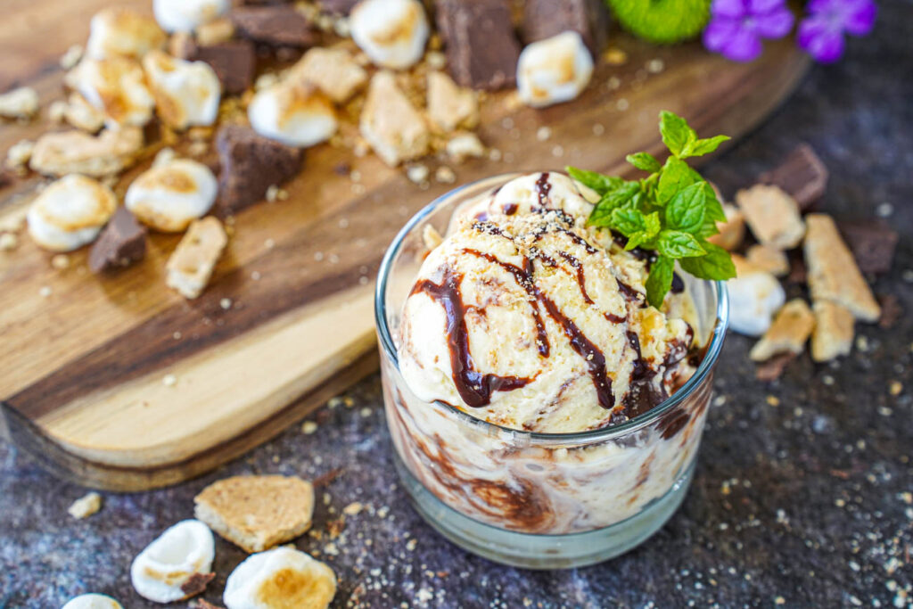 S'mores Ice Cream in a glass bowl with two mint sprigs.