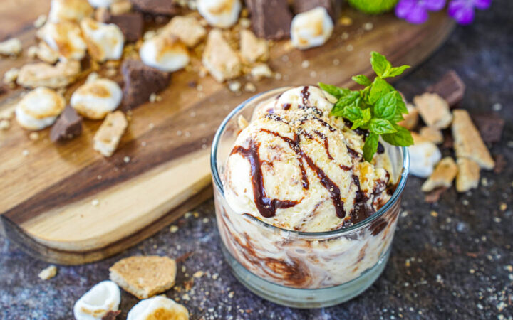 S'mores Ice Cream in a glass bowl with two mint sprigs.