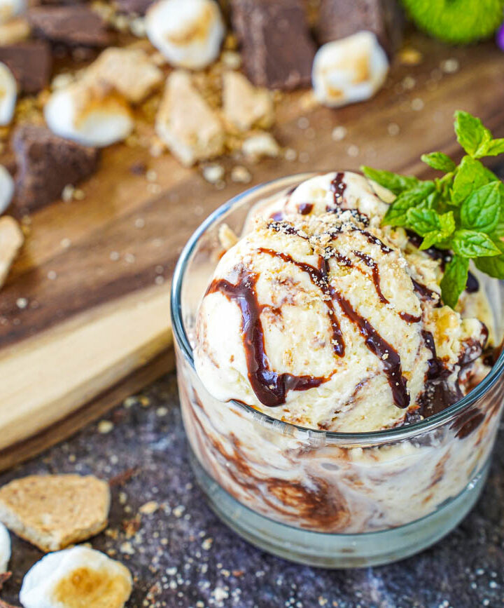 S'mores Ice Cream in a glass bowl with two mint sprigs.