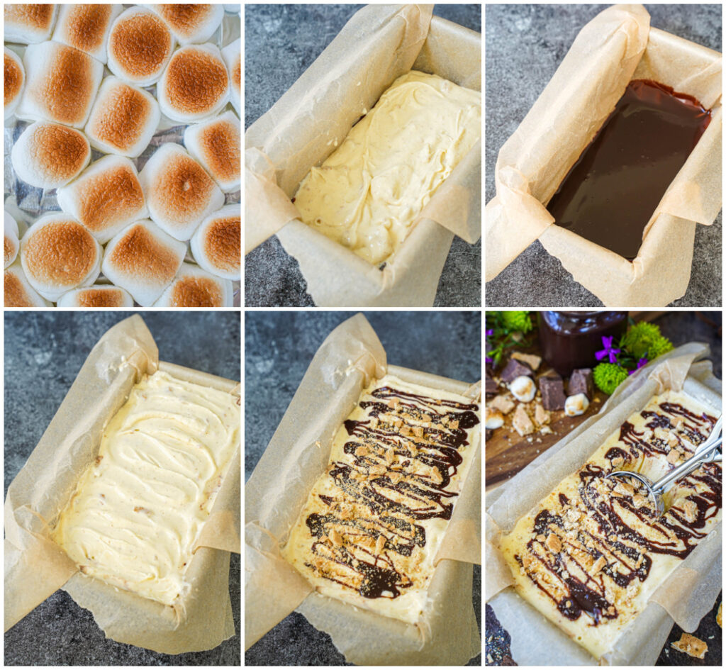 Six photo collage of toasted marshmallows, ice cream in a loaf pan, hot fudge in a loaf pan, ice cream topped with hot fudge drizzle and graham crackers, and scooping out ice cream from the pan.