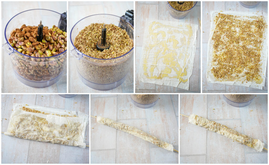 Seven photo collage of pulsing nuts in food processor until chopped, butter brushed over phyllo, nuts sprinkled over phyllo, and using two sticks to roll phyllo into a crinkled roll.