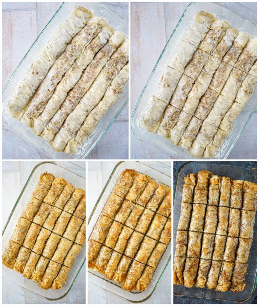 Five photo collage of phyllo rolls in a baking dish, rolls cut into fourths, baked Saragli (Greek Rolled Baklava), Saragli coated in syrup, and finished syrup-soaked rolls.