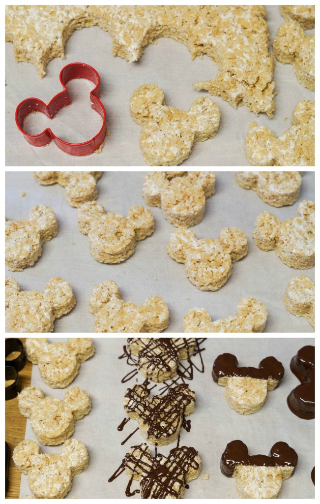 Cutting Rice Krispie treats into Mickey Mouse shapes and covering in chocolate.