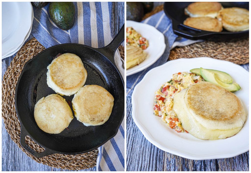Arepas Rellenas de Queso (Cheese Stuffed Corn Cakes) in a pan and on a plate with scrambled eggs.