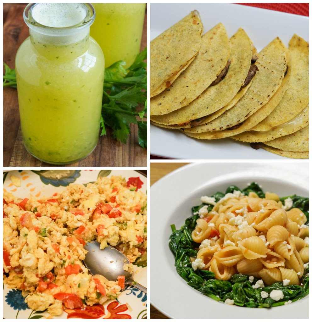 Other dishes from Eat Mexico- Agua de Piña con Perejil (Pineapple-Parsley Cooler), Quesadillas de Hongos (Mushroom Quesadillas), Huevos a la Mexicana (Mexican-Style Eggs), and Sopa with Spinach and Cheese.