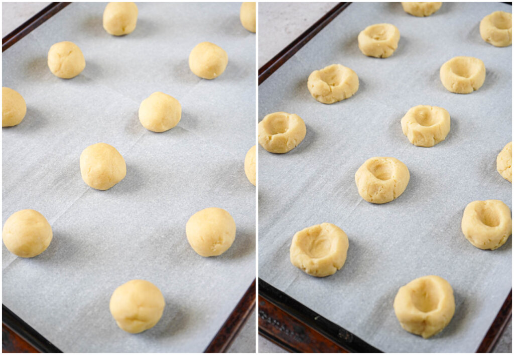 Two photo collage of balls of dough on a cookie sheet and pressed down indentation in each ball.
