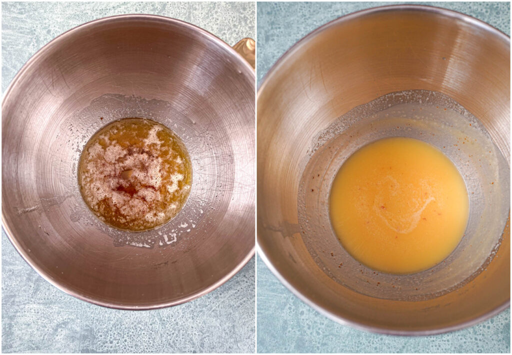 Two photo collage of brown butter in mixing bowl and cooled butter in mixing bowl.
