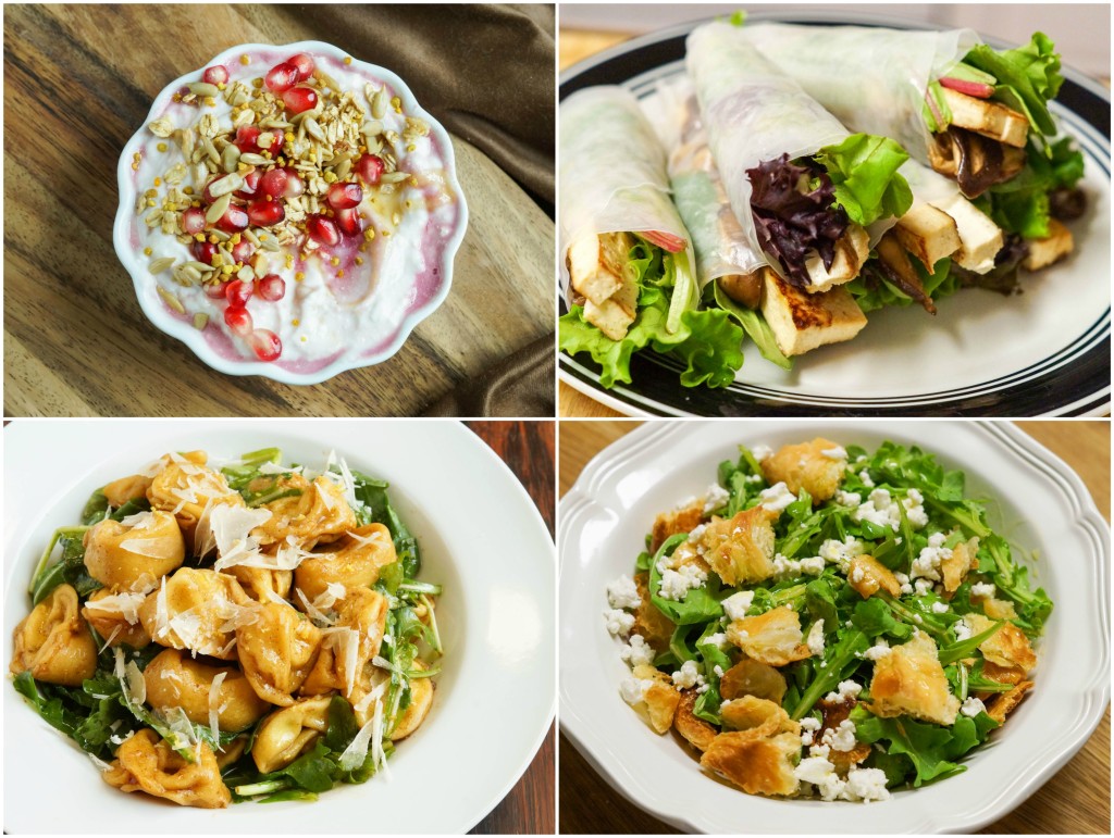 Yogurt Bowl, Spring Rolls, Brown Butter Tortelli, and Wine-Washed Arugula.