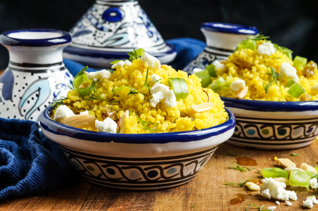 Yellow Couscous in two Moroccan clay blue and white mini tagines.