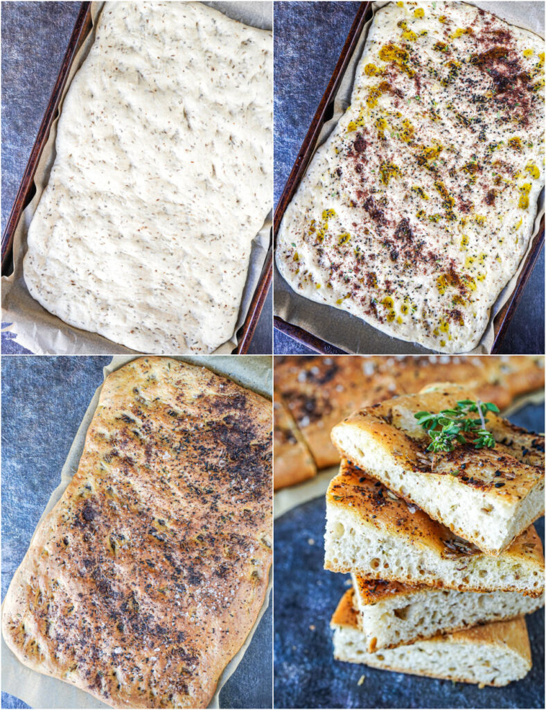 Four photo collage of topping Eastern-Style Focaccia with spices and baking until golden, then four stacked slices.
