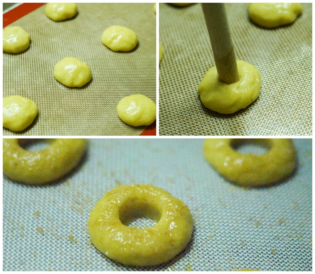 Three photo collage of forming Twabaa (Algerian Lemon and Olive Oil Cookies) into circles.