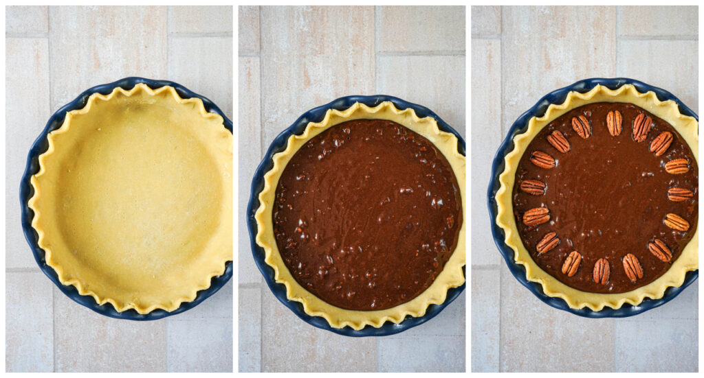 Three photo collage of pie crust in a blue pie dish, pie crust with brownie filling, and pecans decorated around the edges.
