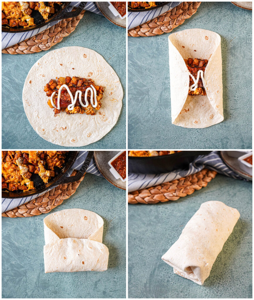 Four photo collage of rolling a burrito wrap around a potato and egg mixture with bacon and sour cream.