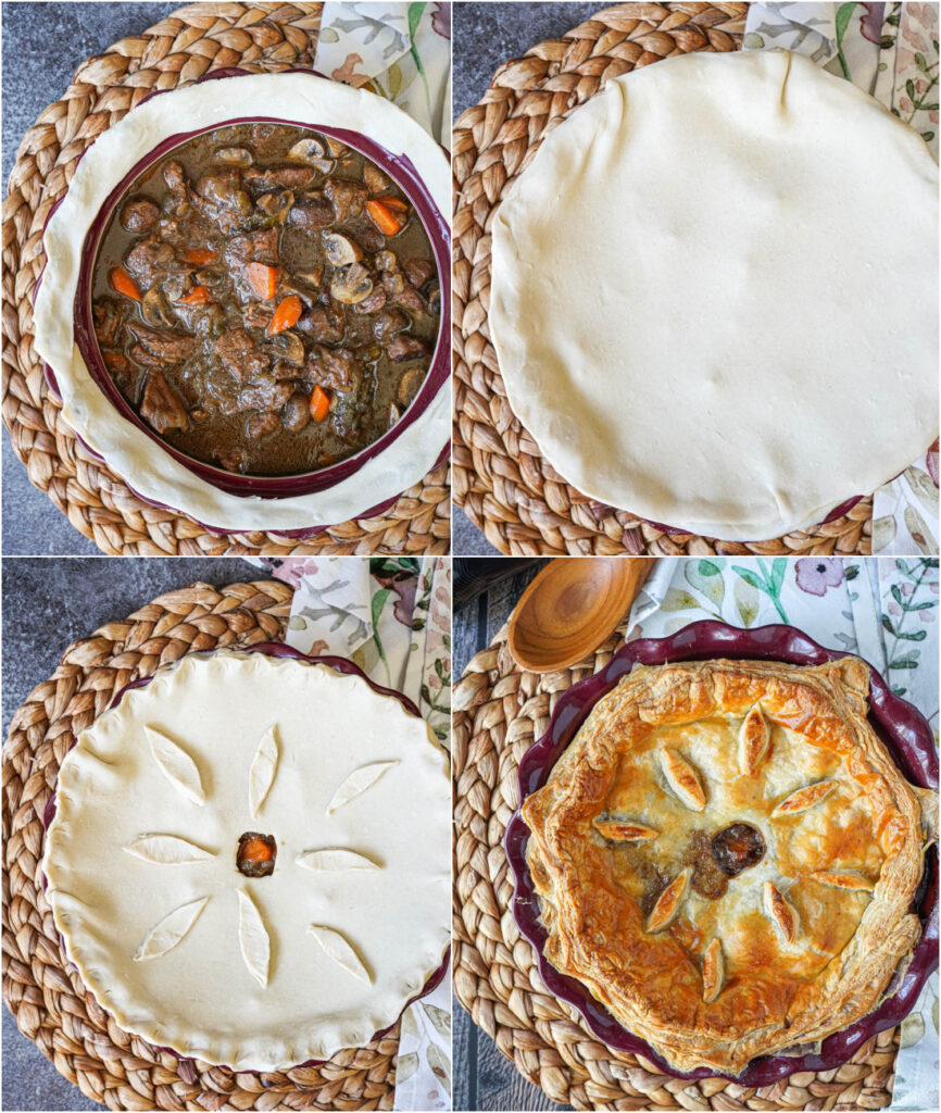 Four photo collage of covering Beef and Mushroom Pie with Guinness with a sheet of puff pastry and baking until golden.