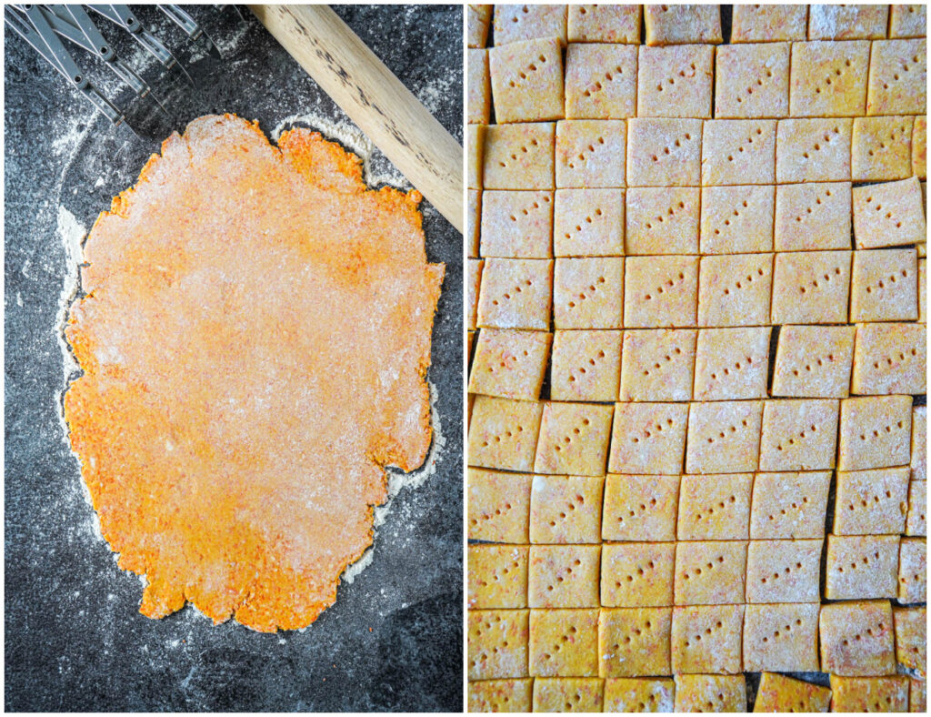 Two photo collage of rolling orange dough into a sheet and cut into squares.