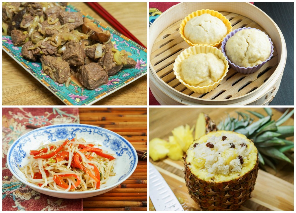 Other dishes from Culinaria China: Beef with Leeks, Sweet Steamed Corn Bread, Soybean Sprout Salad, and Pineapple Rice.