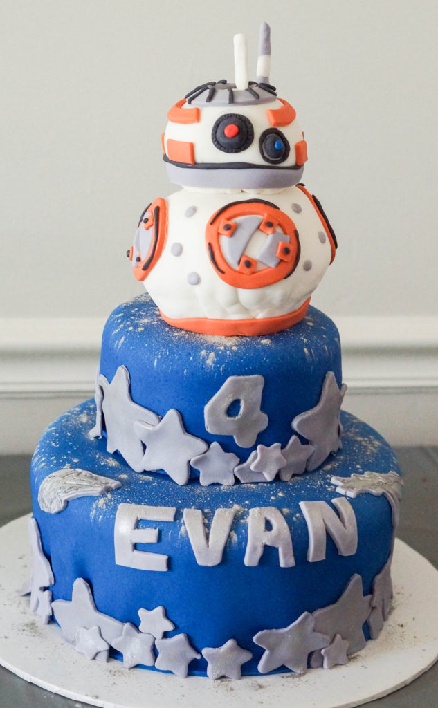 Star Wars Blue Birthday cake with two tiers and a BB8 on top.