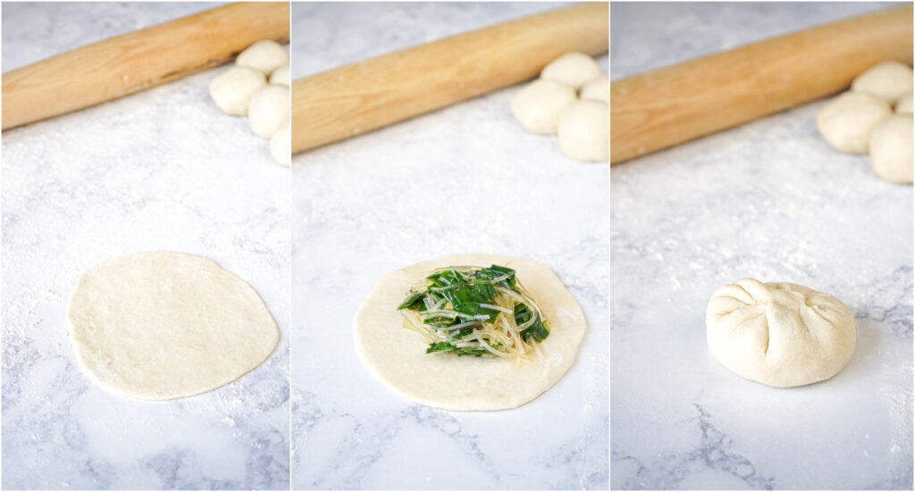 Three photo collage of wrapping dough around chive filling for Jiu Cai Shui Jian Bao (Taiwanese Pan-Fried Chive Buns).