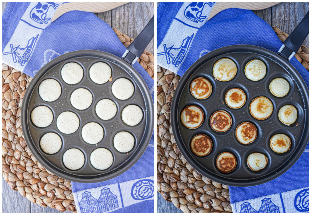 Two photo collage of Poffertjes (Dutch Mini Pancakes) batter in a Poffertjes pan, then flipped over to show the golden brown color.