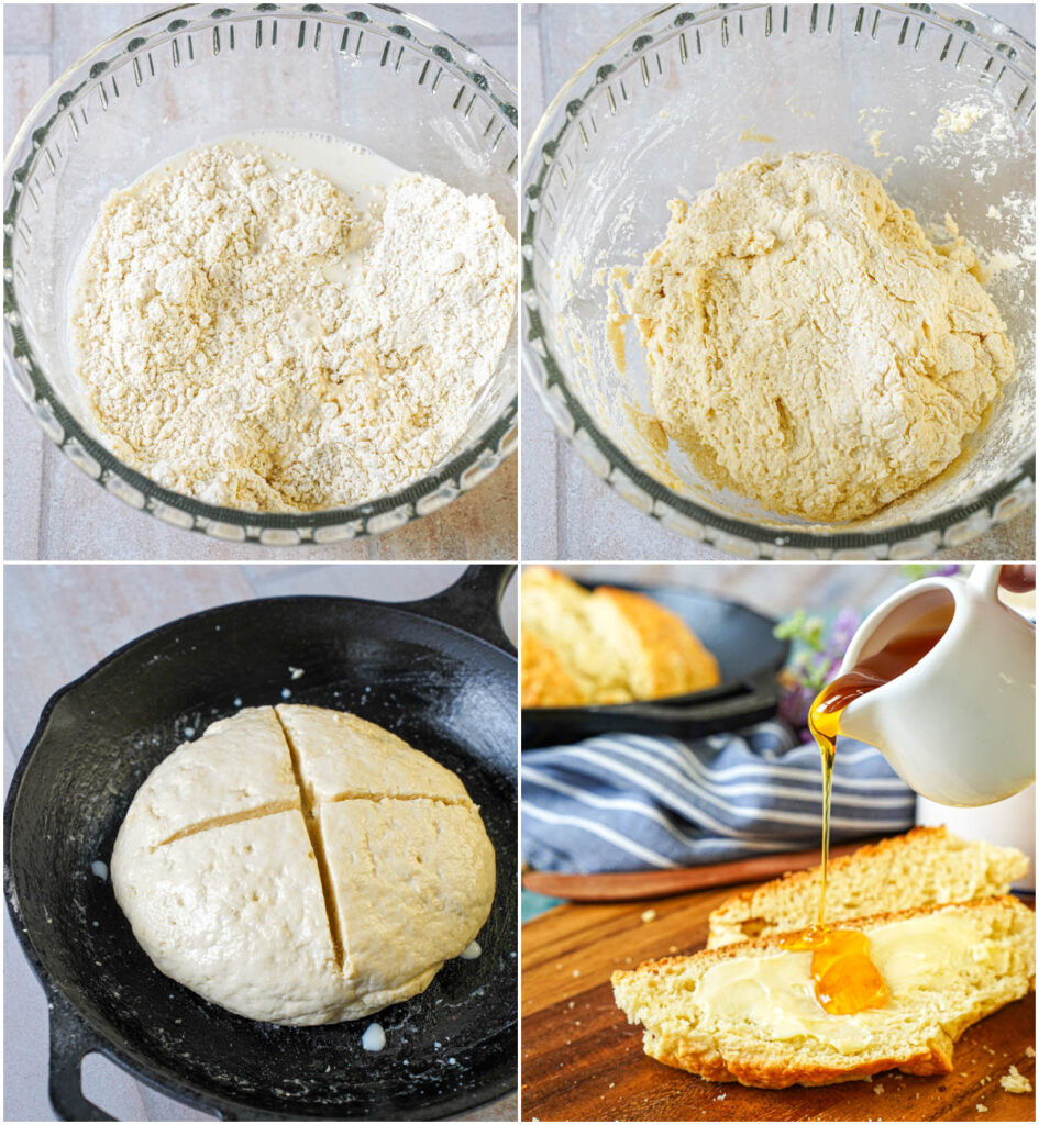 Four photo collage of flour in bowl, dough in bowl, loaf with crosswise pattern in skillet, and drizzling golden syrup over Australian Damper slice.