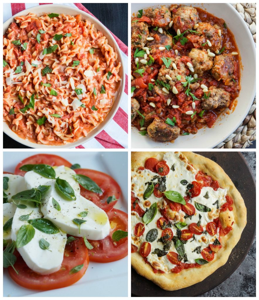 Fusilli con la Ricotta (Fusilli with Ricotta, Tomatoes, and Parmesan), Polpette alla Napoletana (Meatballs in Tomato Sauce), Insulate Caprese (Tomato, Basil, and Mozzarella Salad), and Pizza Margherita.