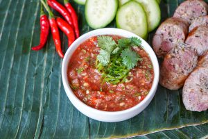 Jeow Mak Len (Lao Tomato Dipping Sauce) in a white bowl.