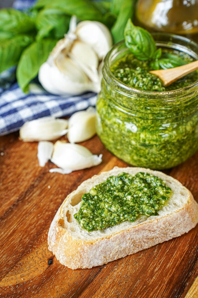 Pistou (Provençal Basil Sauce) spread over a slice of bread.