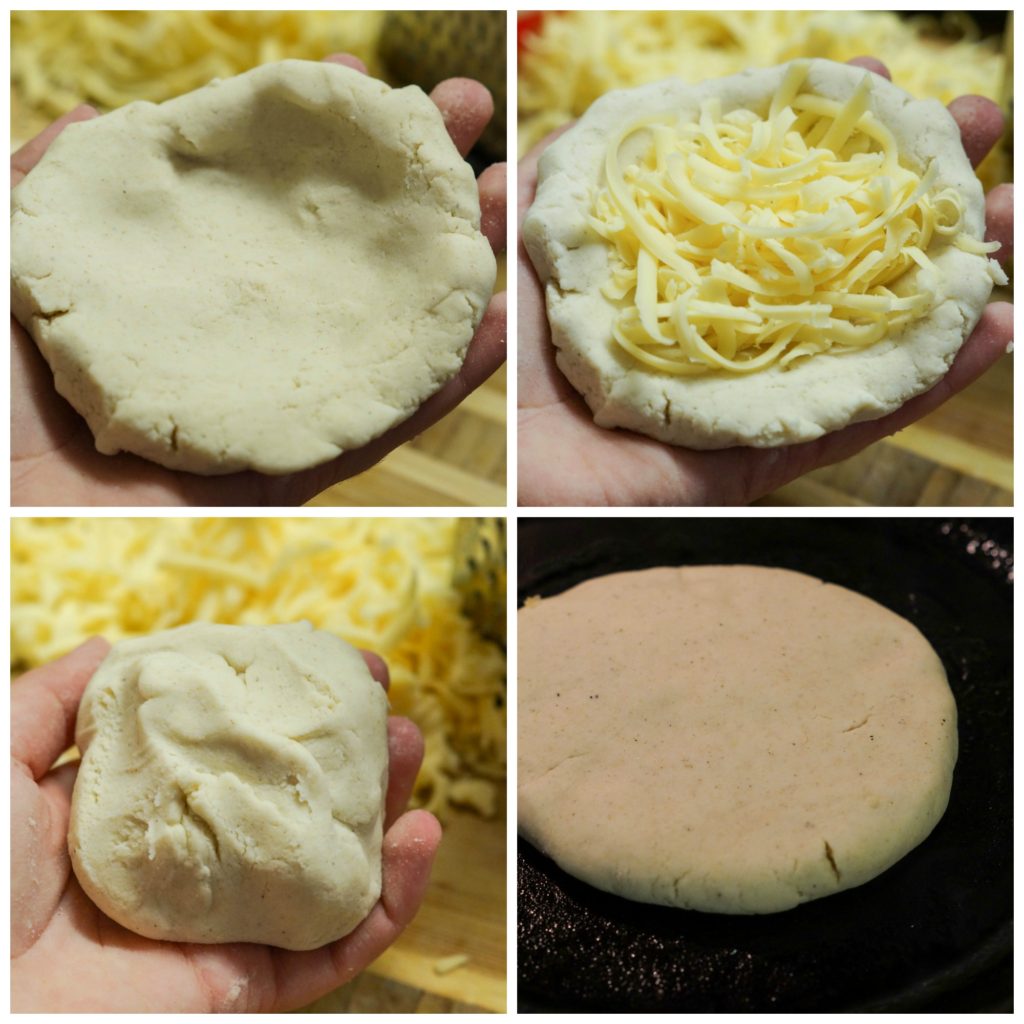 Forming the Pupusas de Queso (Salvadoran Cheese-Stuffed Tortillas)- pressing dough, filling with cheese, and pan frying.