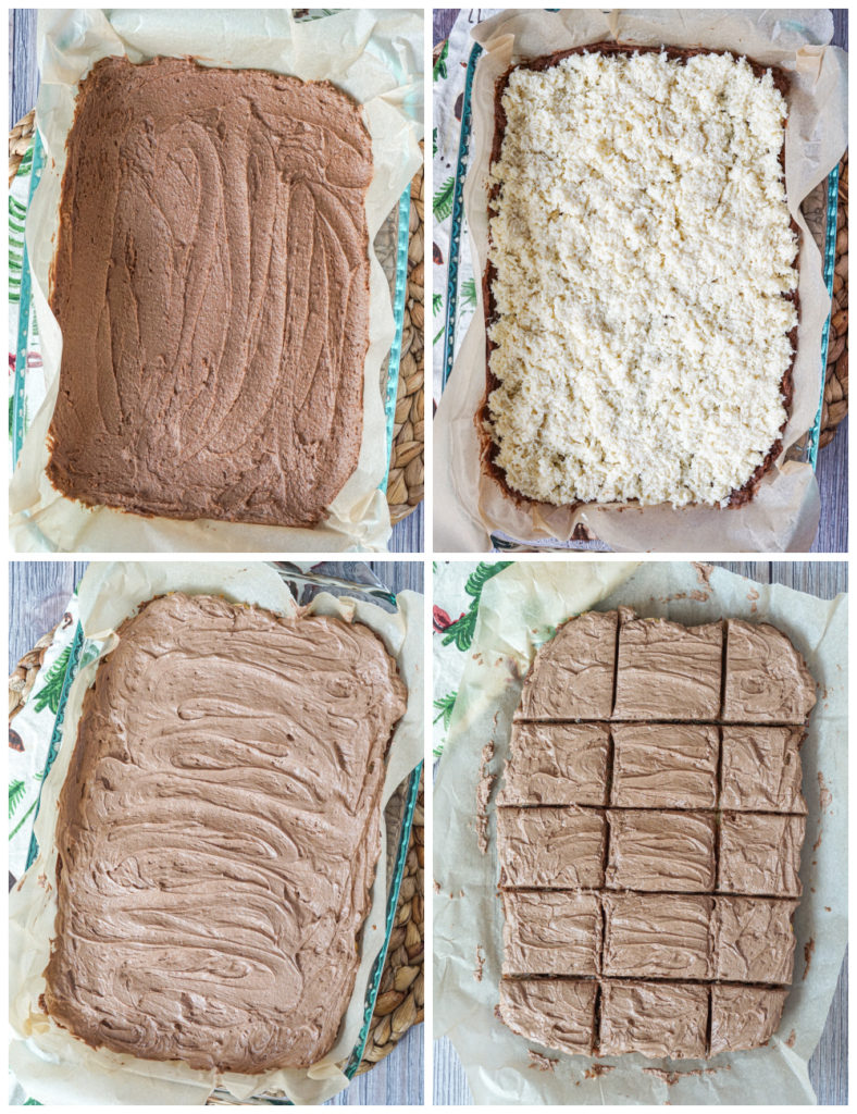 Layering the Queen Anne Squares- chocolate base, covered in coconut, covered in chocolate frosting, then cut into squares