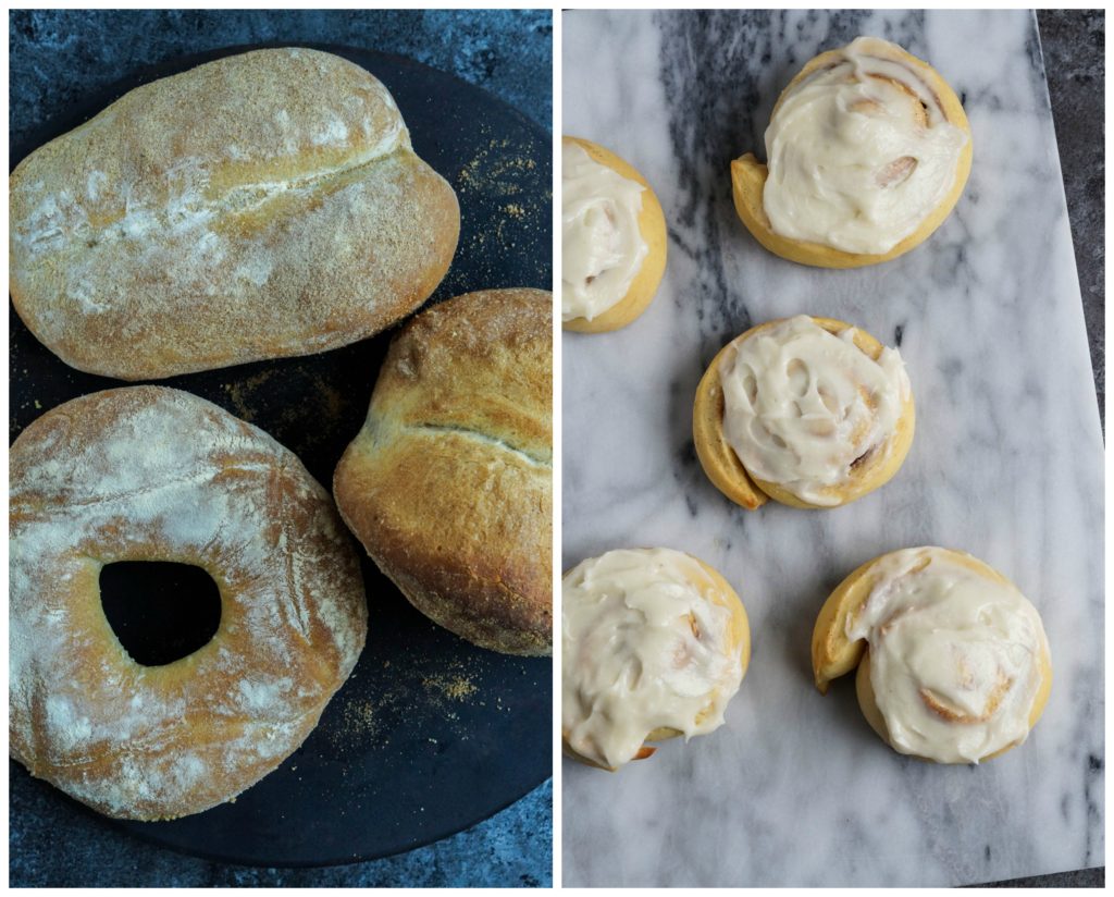 Other breads from The Bread Baker's Apprentice- Pain de Campagne (Country French Bread) and Beyond Ultimate Cinnamon Buns with Cream Cheese Glaze.
