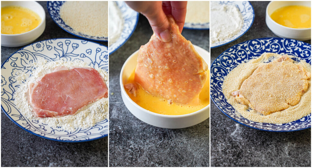 Three photo collage of coating pork in flour, then egg, and finally breadcrumbs.
