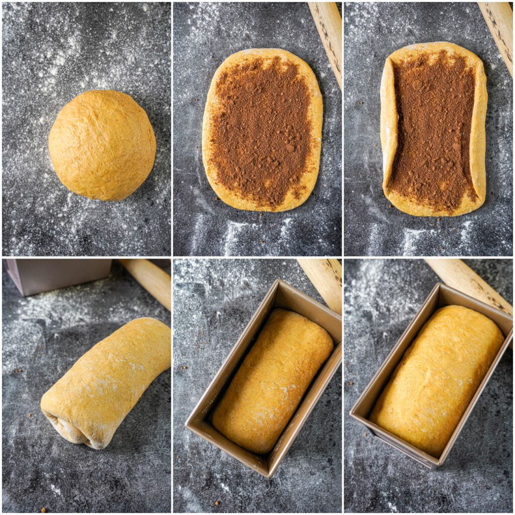 Six photo collage of dough ball, dough covered with cinnamon sugar, folding in sides of dough, dough rolled into log, log of dough in loaf pan, and dough risen to top of loaf pan.