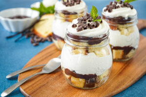 Amaretto Pound Cake Parfaits in three glasses.