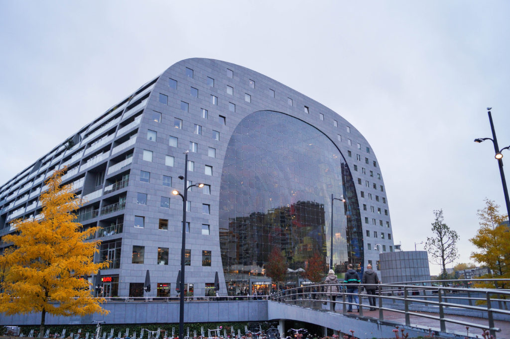 Markthal in Rotterdam- large arch building with glass entrance and apartments along the side