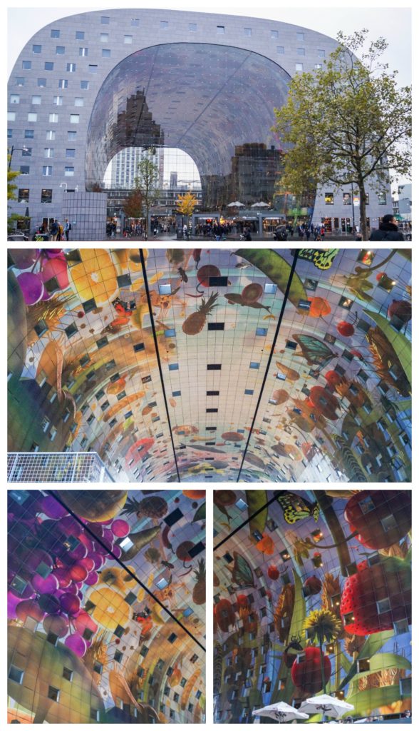 Large mural inside Markthal with fruits and vegetables painting in panels on the ceiling