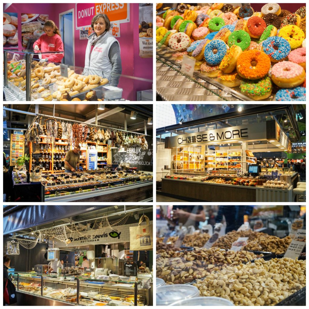 Stalls inside Markthal- doughnuts with colorful glaze toppings, cheese, cured meats, and nuts