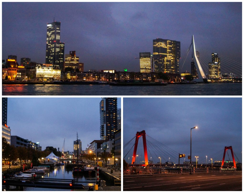 Rotterdam at night with tall buildings and bridges