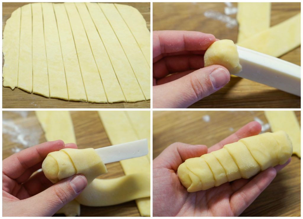 Forming the Tequeños con Salsa Guasacaca (Venezuelan Cheese Sticks with Green Sauce)- cutting out strips of dough and wrapping cheese.